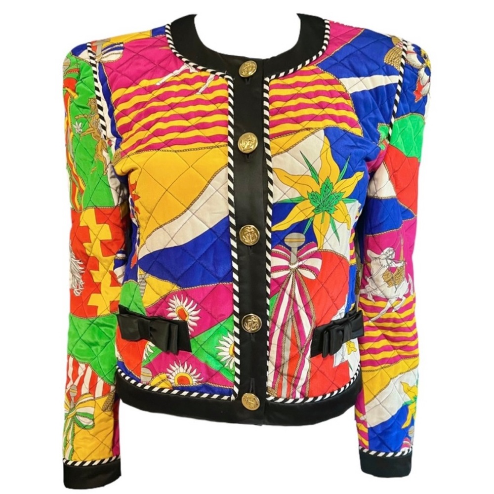 Escada Vintage 1992 Art Deco Printed Silk Cropped Quilted Jacket